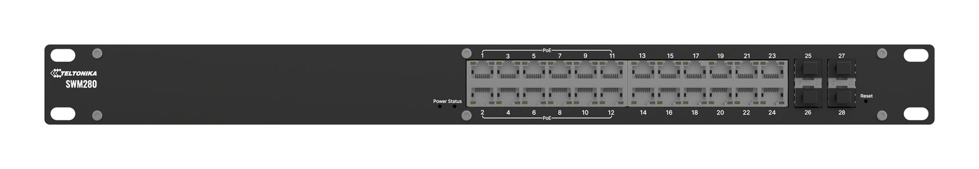 Teltonika SWM280 – Managed L2/L3 Switch – 24× 1G (12× PoE+), 4× SFP, PoE-Budget 300 W, 19", 1U