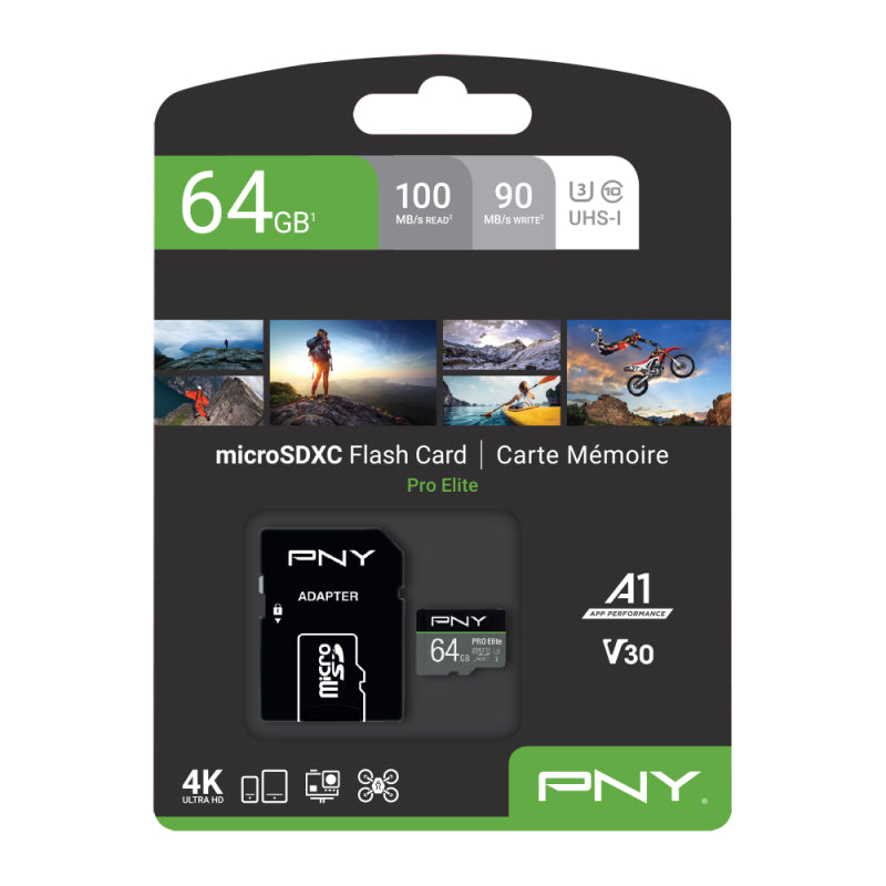 PNY PRO Elite PSDU64GV3 microSDXC 64 GB – UHS-I, Klasse 10, U3, A1, 100/90 MB/s, inkl. SD-Adapter