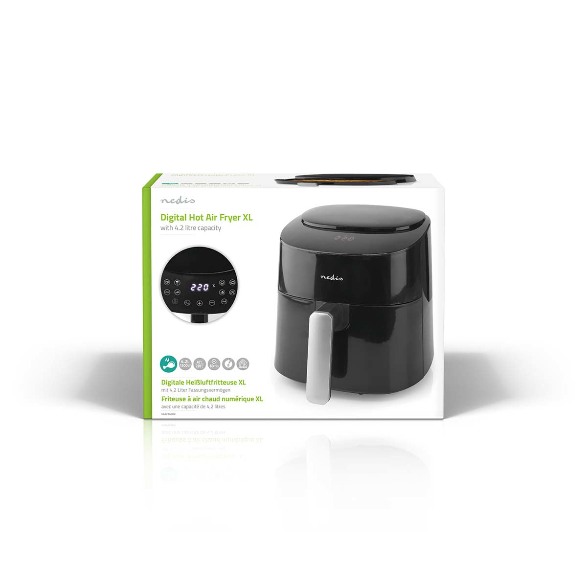 Nedis Heissluftfritteuse XL – 4,2 l, 1300 W, 8 Programme – schwarz