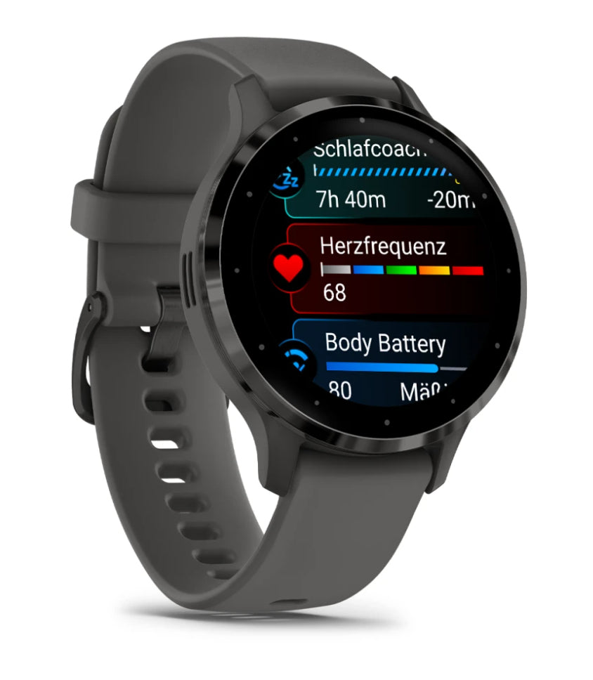 Garmin Venu 3S – Smartwatch – 41 mm, 1,2", GPS, AMOLED, Gorilla Glass, 50 m, Kieselgrau/Schwarz, Sportarmband