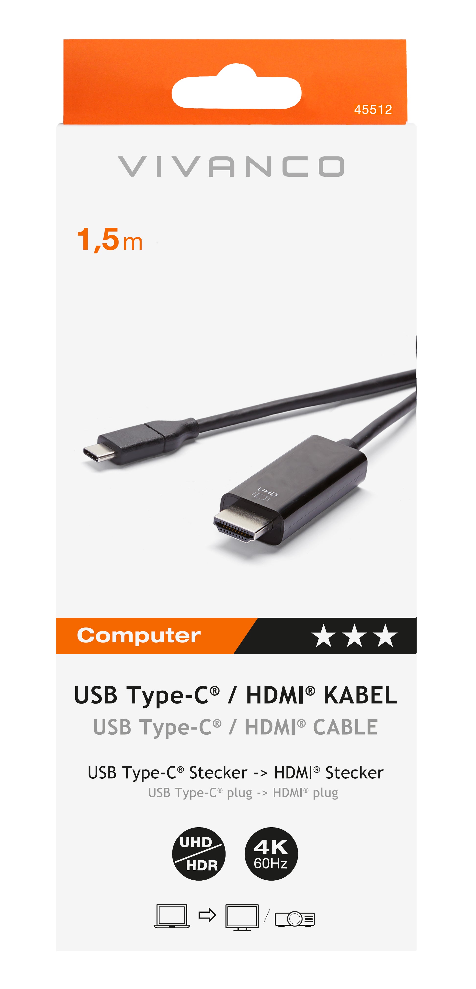 Vivanco CC UC HD 15 Kabel USB-C zu HDMI – 4K (4096 × 2160) @ 60 Hz, 1,5 m, Schwarz