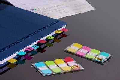 3M Post-it Indexstreifen Strong schmal – 16×38 mm – sortiert, 4×10 Stück, mit Dispenser