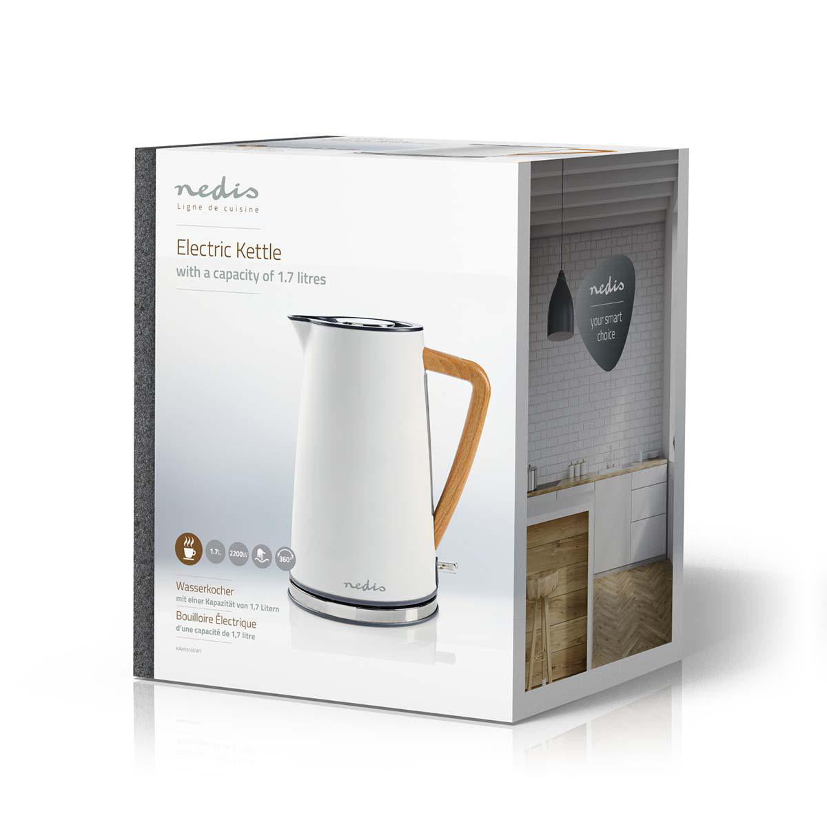 Nedis Wasserkocher – 1,7 l, Kunststoff, 2200 W, Weiss, 360°-Sockel