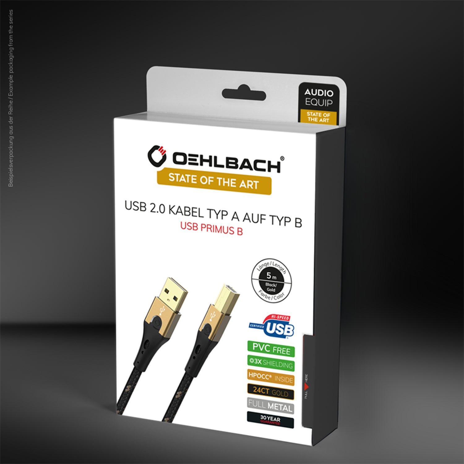 OEHLBACH USB-A auf USB-B Kabel – USB 2.0 (480 Mbit/s) – 2 m – Vergoldet, Metallverstärkt – Schwarz/Gold