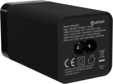 eSTUFF Ladegerät – 65 W, 2× USB-C + 2× USB-A, PD