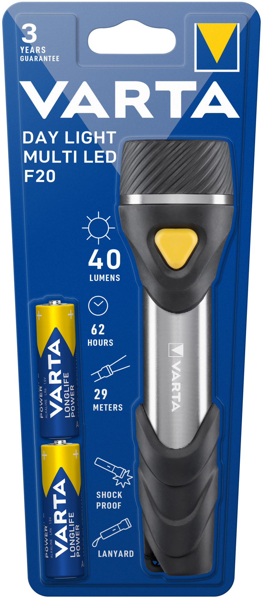 Varta Taschenlampe Day Light F20 – 60 lm, 45 m, Batteriebetrieb (2× AA) – Schwarz