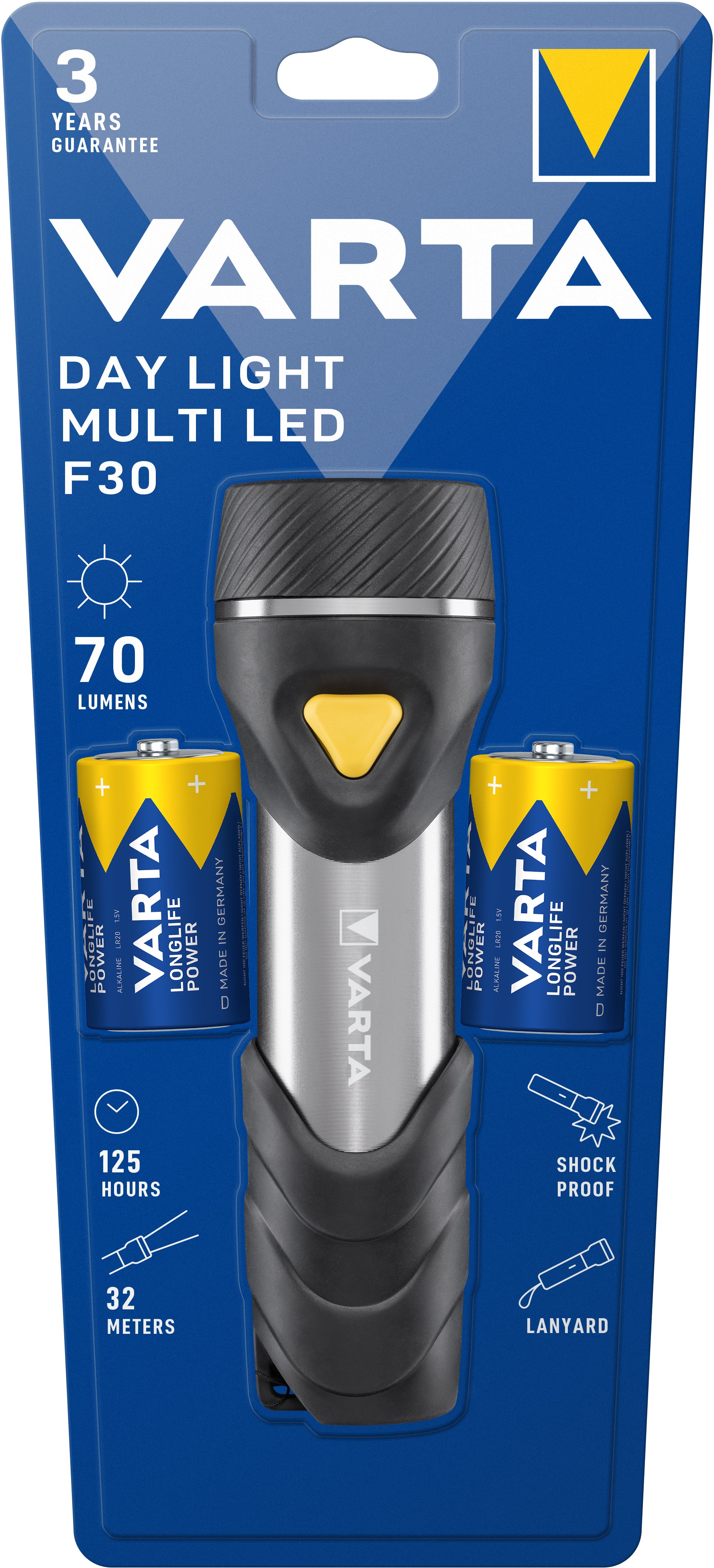 Varta Taschenlampe Day Light F30 – 70 lm, 32 m, batteriebetrieben (2× D) – Schwarz