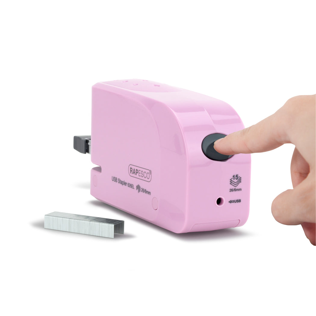 Rapesco 626EL Elektrohefter – 15 Blatt, Akku/Netz, für 26/6, Rosa