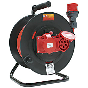 Steffen Kabelrolle, 25 m, 2×CEE 16-5, IP44, 1,5 mm², Traggriff, Eingang CEE 16-5 – rot