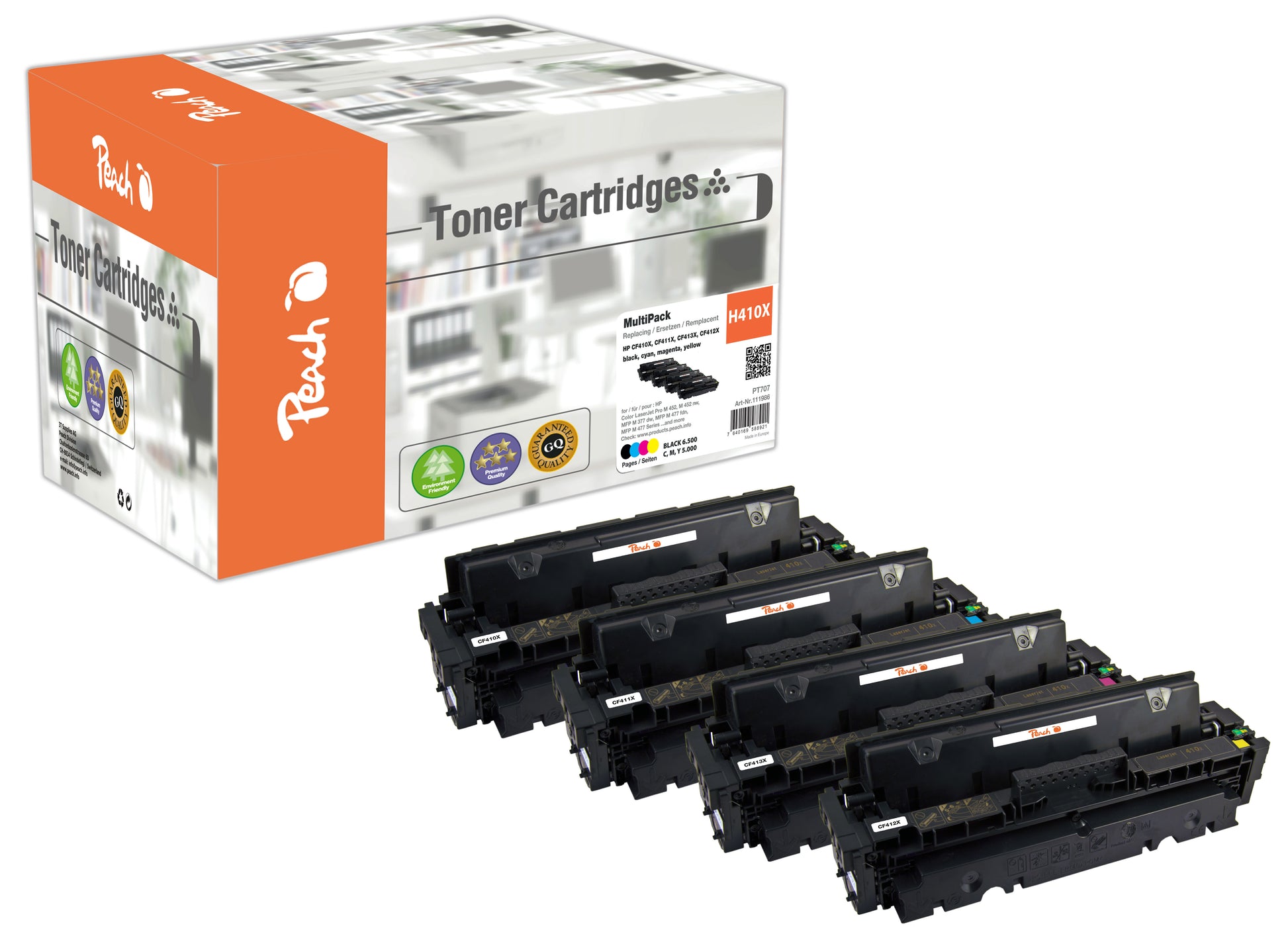 Peach Toner-Multipack CF410-3X – BK/C/M/Y, schwarz 6500, C/M/Y 5000 Seiten – für HP M452, M477, M450 und andere