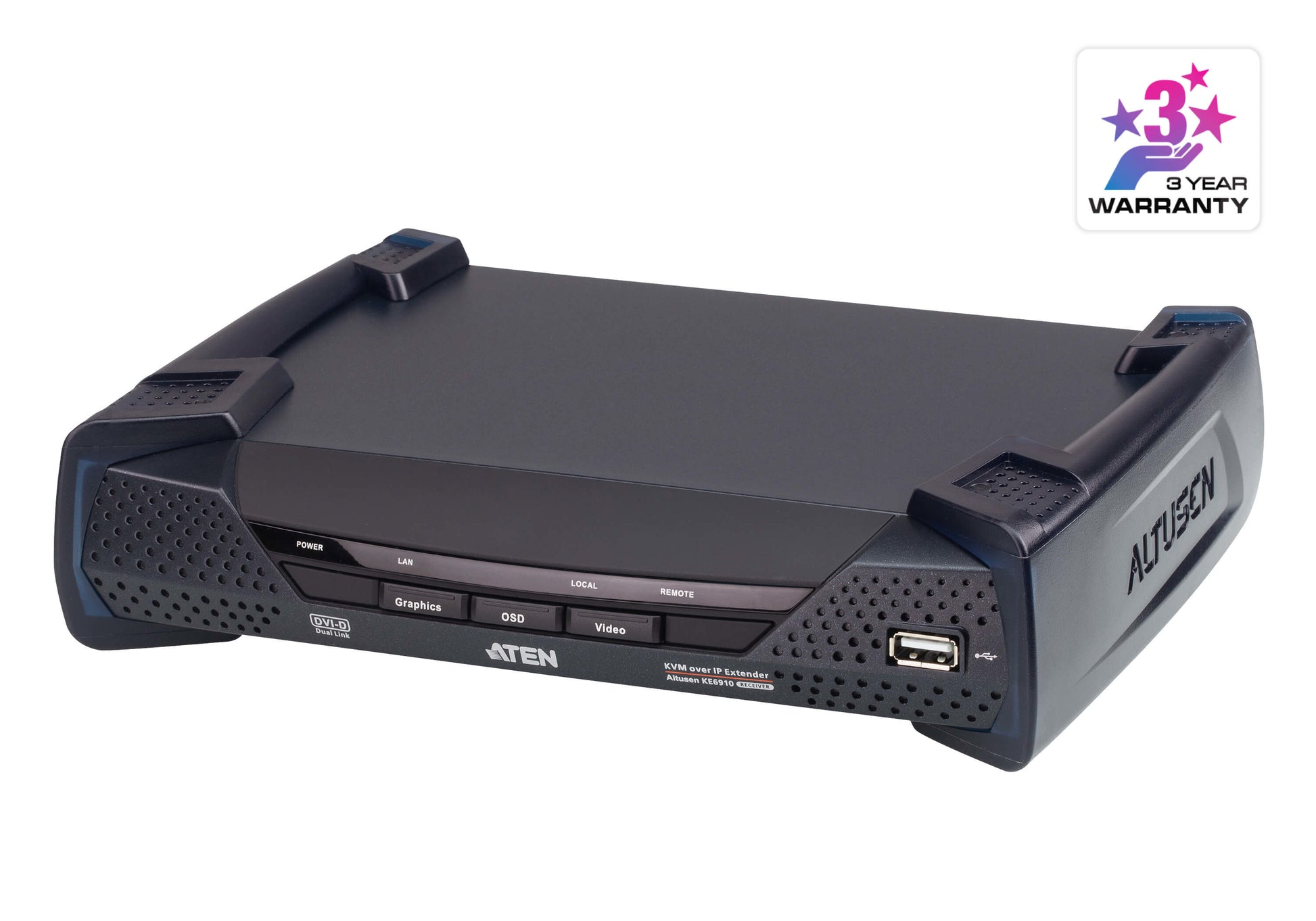 ATEN KE6910R KVM-Extender (Empfänger) DVI-D zu IP – 2560 × 2048, bis 10 km (SFP), 1× RJ-45, 3× USB