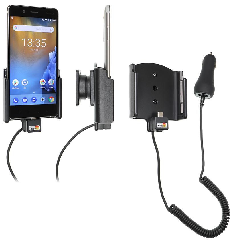 Brodit Auto-Ladegerät mit Halterung, Zigarettenanzünder, 1× USB-A (bis 2 A), kipp-/360° drehbar – für Nokia