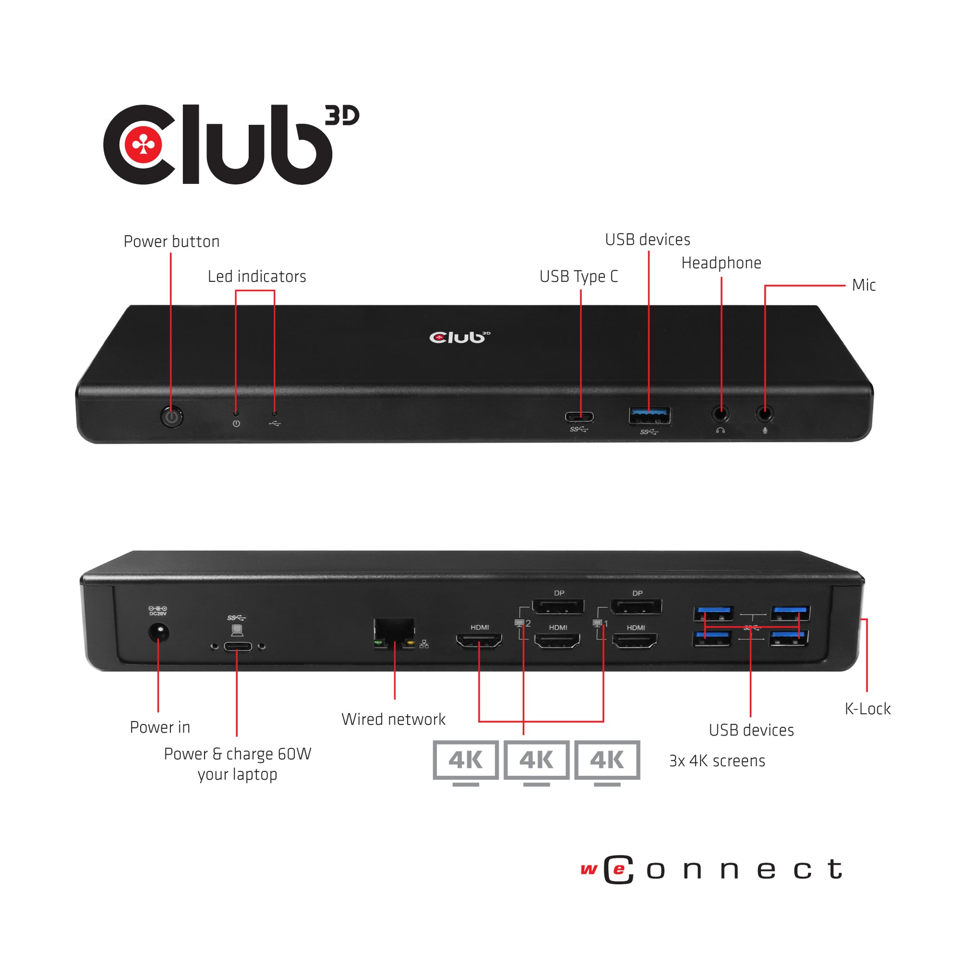 CLUB3D Club 3D CSV-1562 Dockingstation – USB-C, 2× DP, 3× HDMI, 4× USB-A, 135 W PD, GbE, 3,5 mm, für Windows/Mac