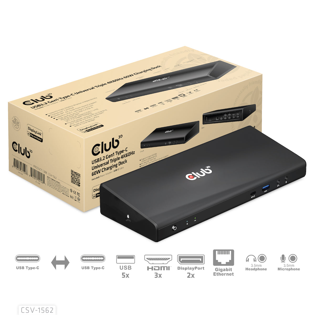 CLUB3D Club 3D CSV-1562 Dockingstation – USB-C, 2× DP, 3× HDMI, 4× USB-A, 135 W PD, GbE, 3,5 mm, für Windows/Mac