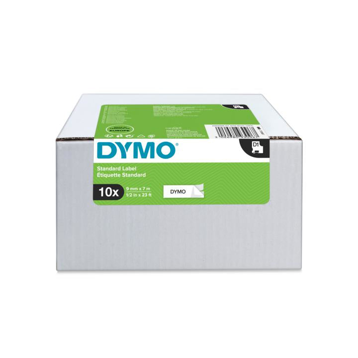DYMO Schriftband – 9 mm × 7 m, weiss, schwarz – D1-TAPE, 10 St.