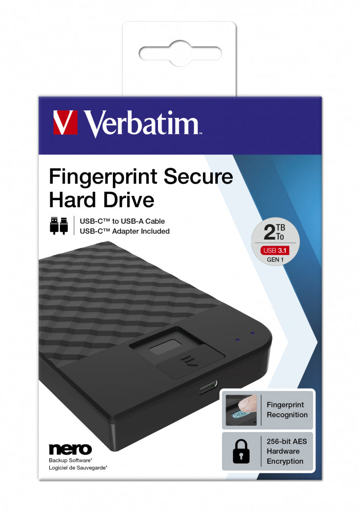 Verbatim Externes SSD-Laufwerk – 2 TB, USB 3.0, Fingerabdruckscanner