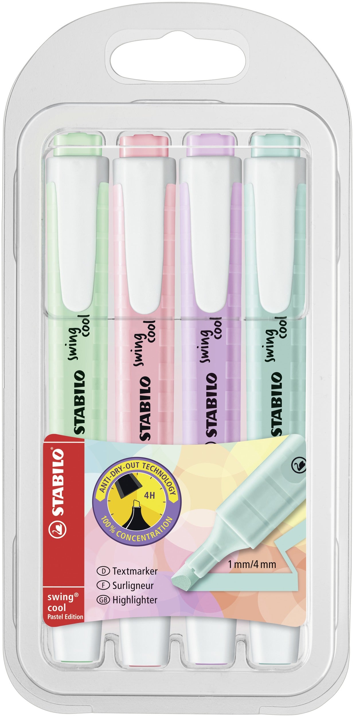 STABILO swing cool Pastel Edition Textmarker Set 4 Farben Pastell – Keilspitze, 1–4 mm