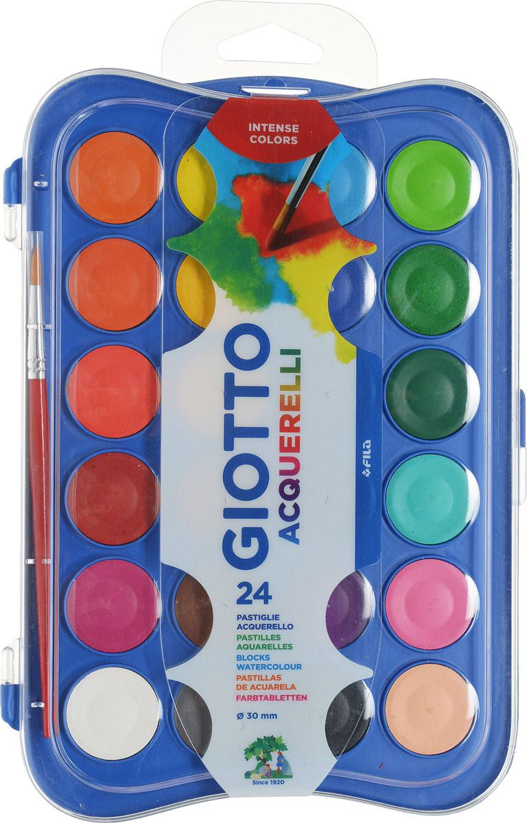 Giotto Aquarellfarben (Kasten) – 24 Farben – Kunststoffkasten, inkl. Pinsel