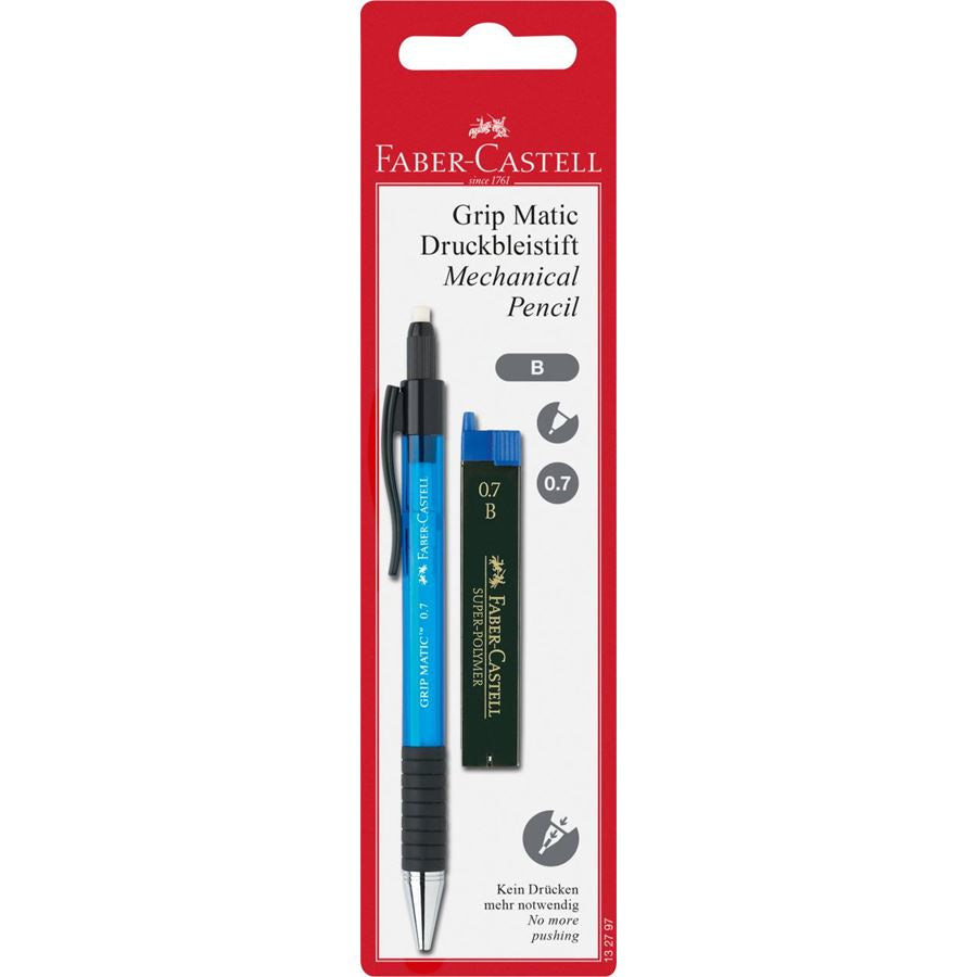 Faber-Castell Grip Matic Druckbleistift – 0,7 mm, blau, inkl. 12 Minen