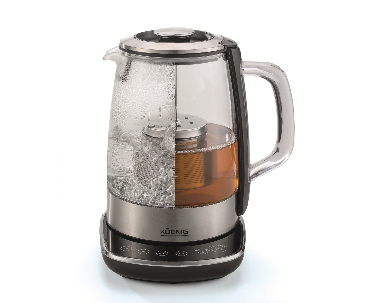 KOENIG B02118 – Tee- & Wasserkocher, 1,5 l, 4 Temperaturstufen, 2200 W, Glas/Edelstahl, Silber