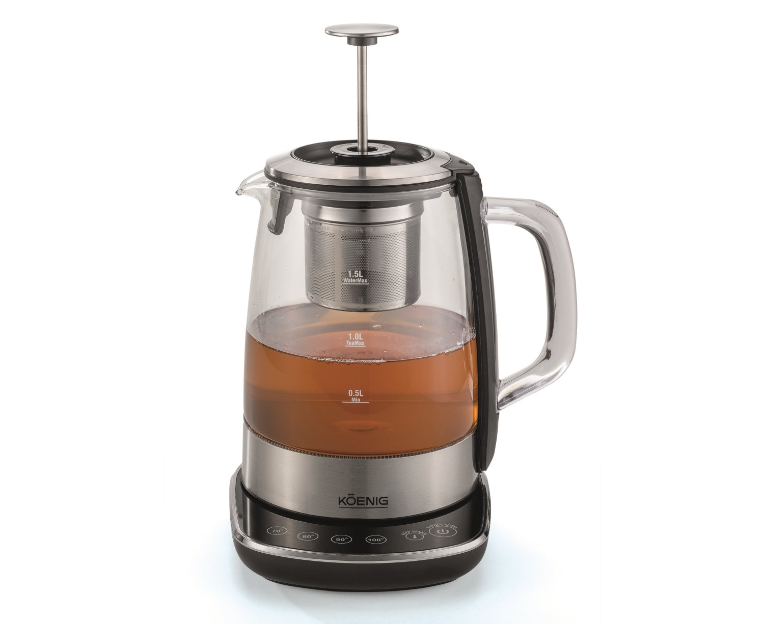 KOENIG B02118 – Tee- & Wasserkocher, 1,5 l, 4 Temperaturstufen, 2200 W, Glas/Edelstahl, Silber