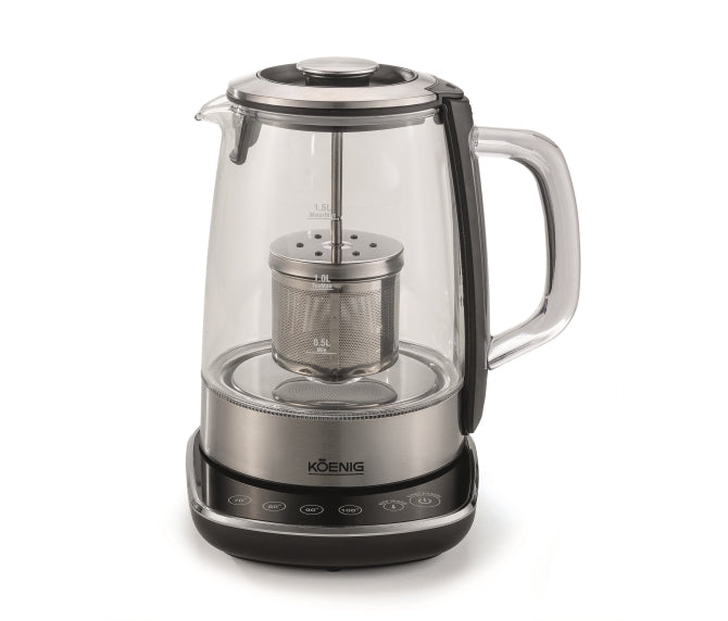 KOENIG B02118 – Tee- & Wasserkocher, 1,5 l, 4 Temperaturstufen, 2200 W, Glas/Edelstahl, Silber