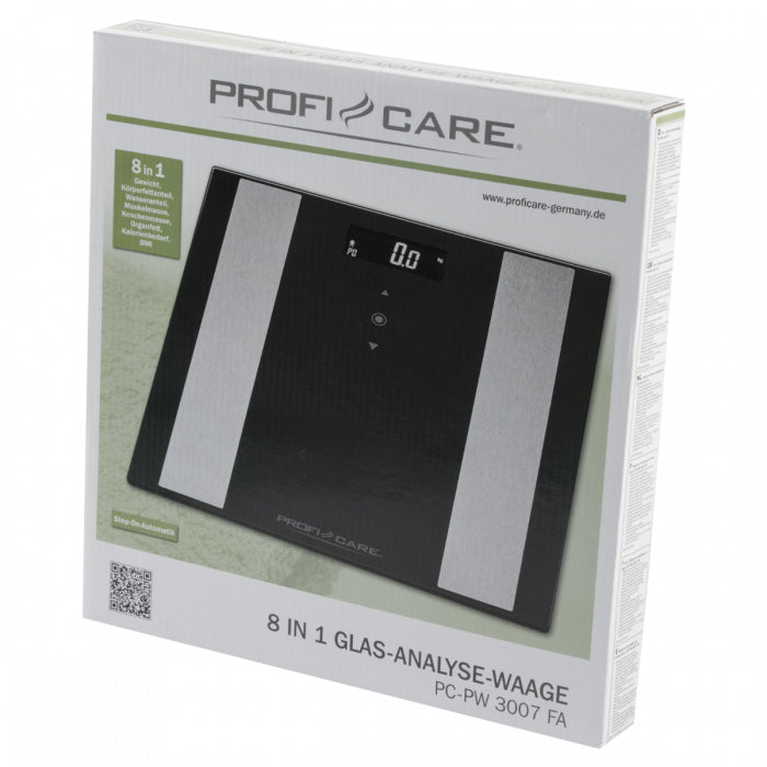 ProfiCare Universalwaage PW3007 – Tragkraft 180 kg, Teilung 100 g, Wiegefläche 30 × 30 cm, Batterie, Glas