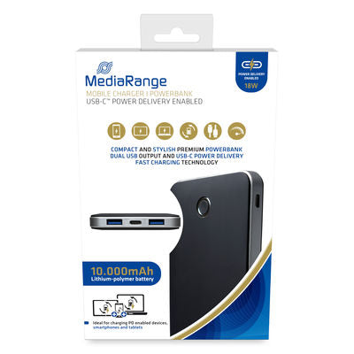 MediaRange Powerbank 10000 mAh, PD 22,5 W, 2× USB-A, 1× USB-C, Schwarz
