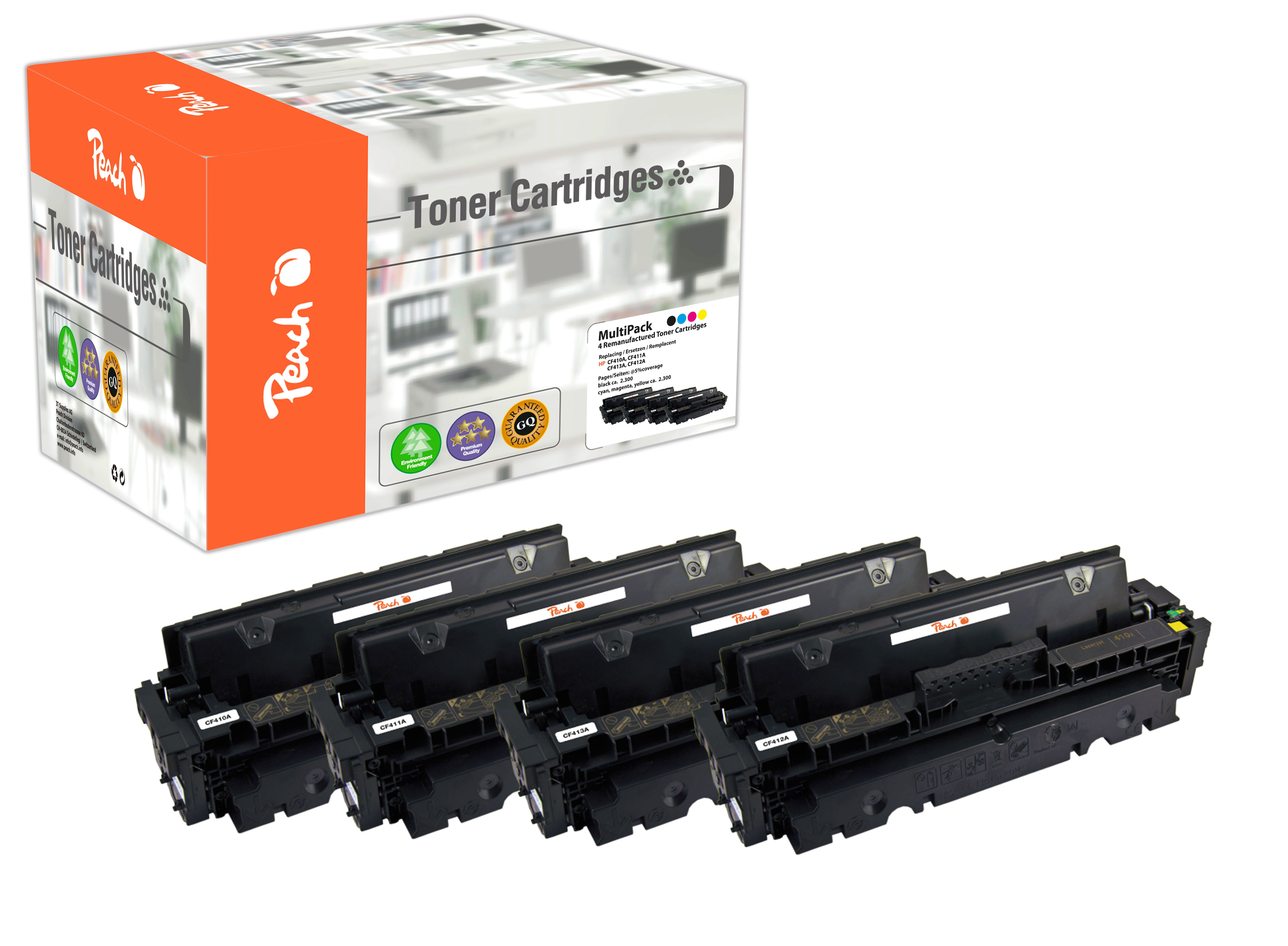 Peach Toner-Multipack 410A – BK/C/M/Y, 2300 Seiten – für HP Color LaserJet Pro M452, MFP M477, MFP M377 und andere