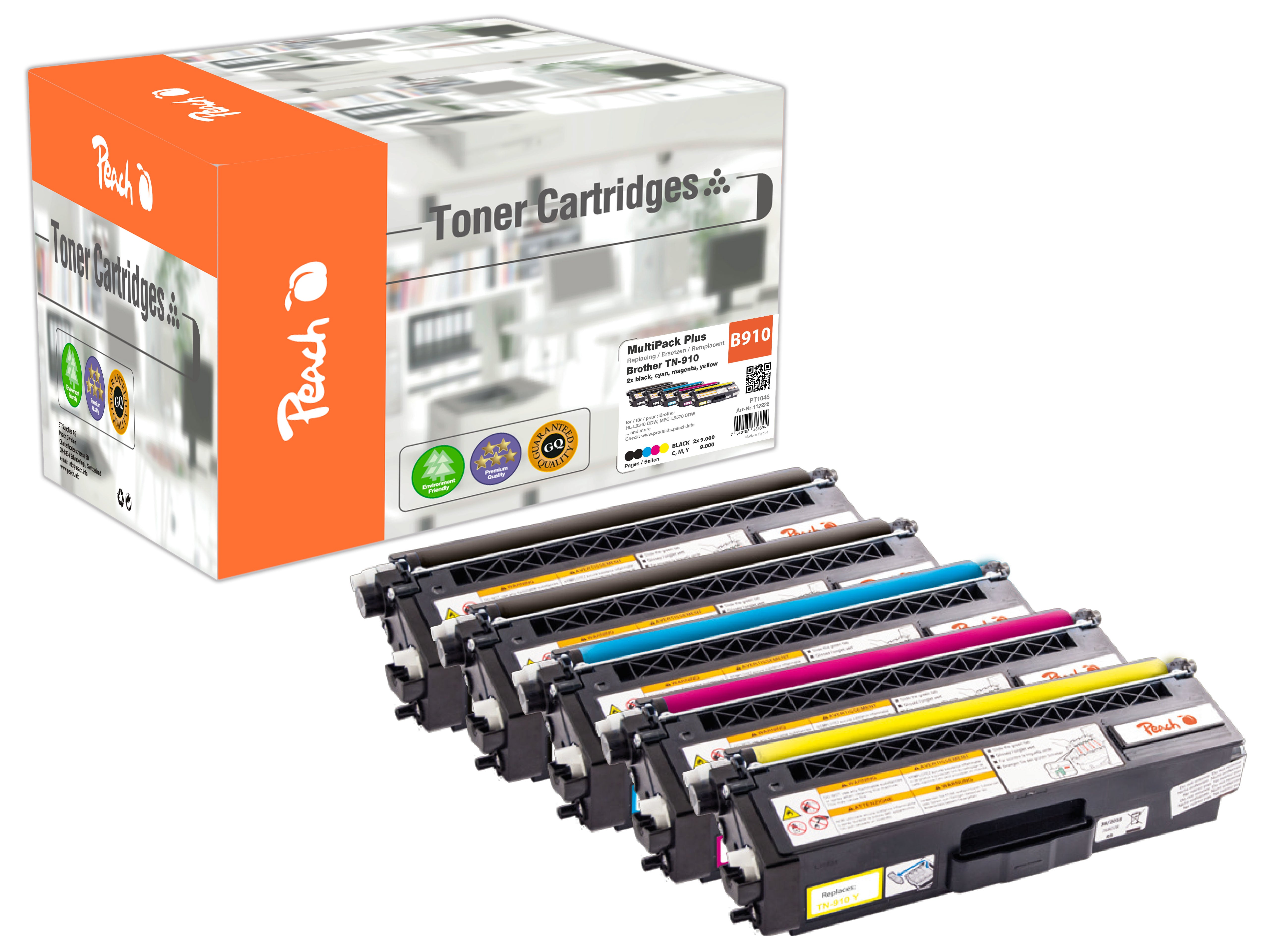 Peach Toner-Multipack TN-910 – BK/C/M/Y, 9000 Seiten – für Brother HLL 9310 Serie, MFCL 9570 Serie