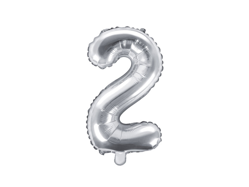 PartyDeco Folienballon Zahl 2 – 35 cm – Folie, Silber
