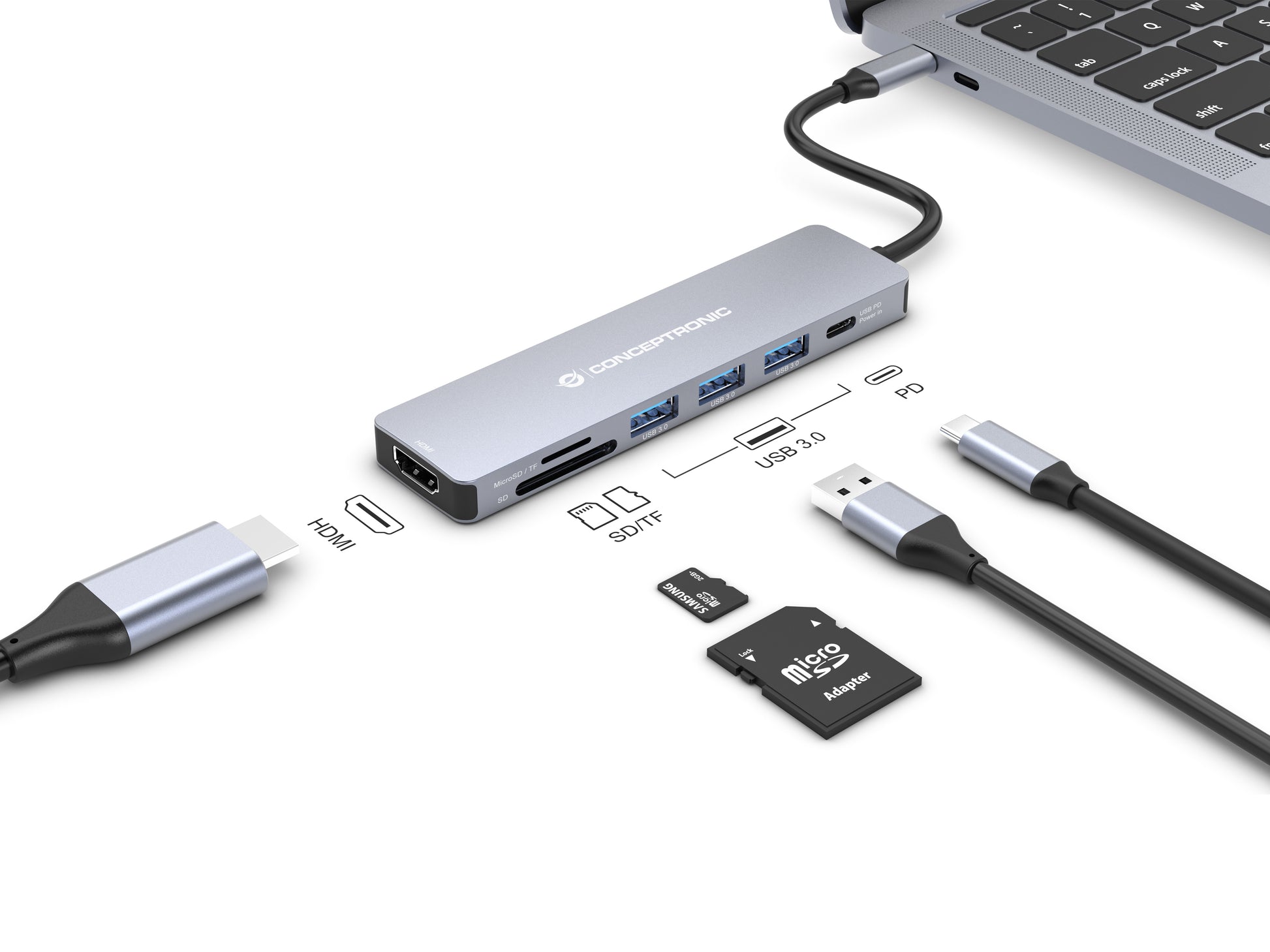 Conceptronic DONN19G Dockingstation – USB-C, 1× HDMI, 3× USB-A, 100 W PD, SD/microSD, für Windows/Mac/ChromeOS