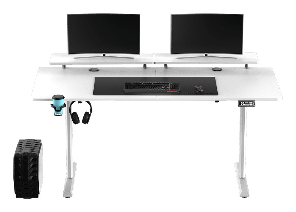 Ultradesk Highlander XXL Gaming-Tisch – 160 × 70 cm, elektrisch höhenverstellbar, weiss, Holz