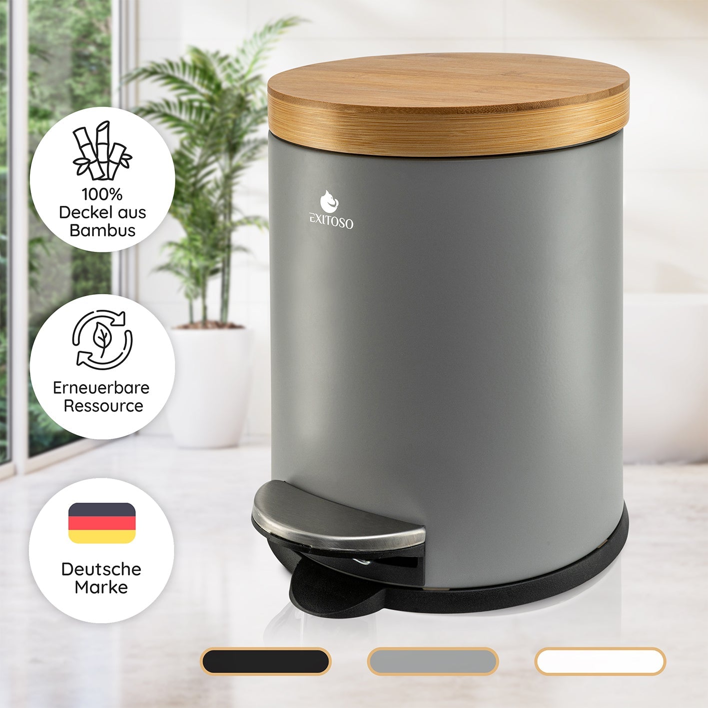 Exitoso Tisch-Abfallbehälter – 5 l – mit Deckel – Holz, Grau – Ø 220 × H 285 mm
