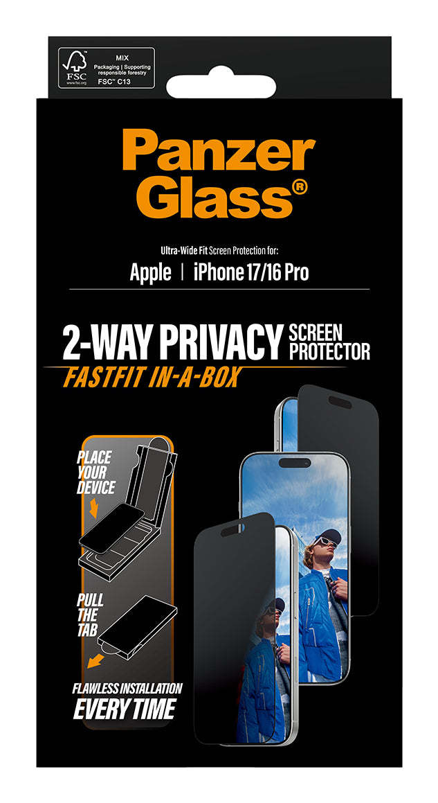 PanzerGlass Displayschutzfolie Privacy – für Apple iPhone 17 – kratzfest, aus recyceltem Material