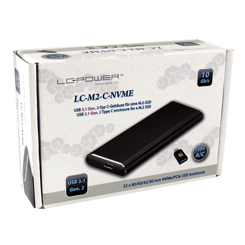 LC-Power LC-M2-C NVME – 1-Schacht SSD-Gehäuse – USB 3.2 Gen 2 (10 Gbit/s), USB-C, für M.2 NVMe (PCIe x4)