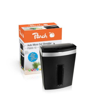 Peach PS600-10 Aktenvernichter – Mikroschnitt, P-5, 3 × 10 mm, 90 Blatt, 20 l, CD/Kreditkarten