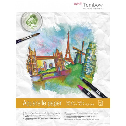 Tombow Aquarellblock – 24 × 32 cm – 300 g/m² – zweiseitig geleimt – 15 Blatt, weiss, für Aquarell & Marker