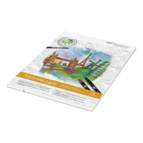 Tombow Aquarellblock – 24 × 32 cm – 300 g/m² – zweiseitig geleimt – 15 Blatt, weiss, für Aquarell & Marker