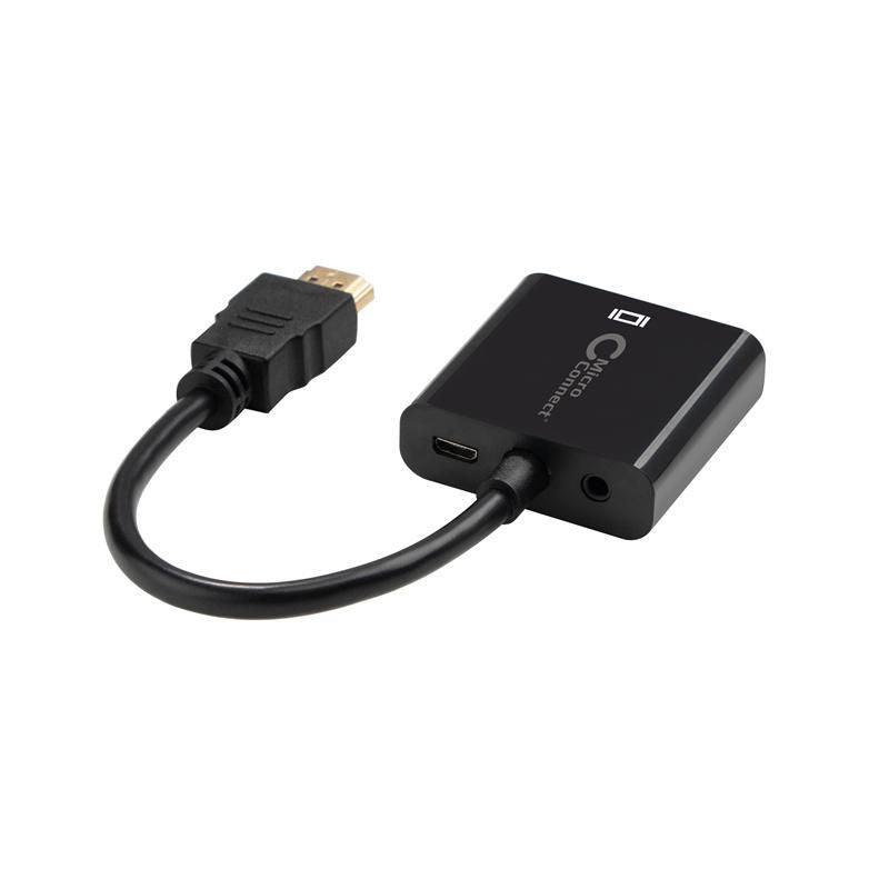 Microconnect HDMI-zu-VGA-Adapter – 1920 × 1200, HDMI 1.1, 0,15 m, aktiv, Micro-USB-Strom, Audio, schwarz