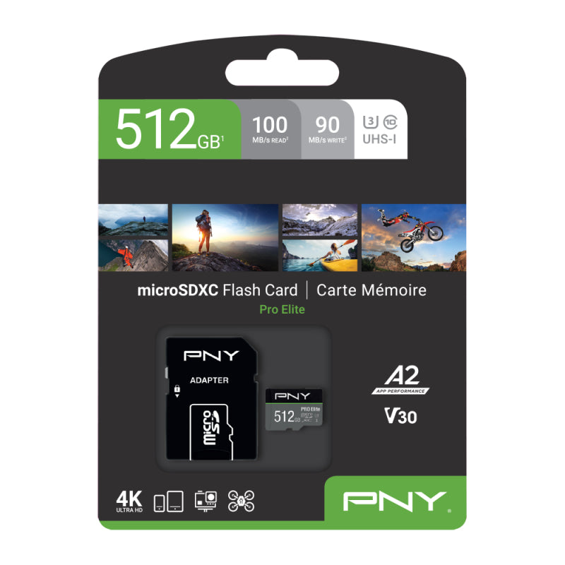 PNY Pro Elite PSDUX512U microSDXC 512 GB – UHS-I, Klasse 10, U3, V30, A2, 100/90 MB/s, inkl. SD-Adapter