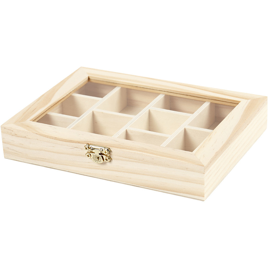 Creativ Company Fotobox – Holz – Natur – mit Glasdeckel, 10 Fächer – 155 × 35 × 205 mm