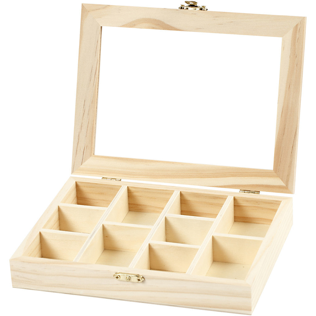 Creativ Company Fotobox – Holz – Natur – mit Glasdeckel, 10 Fächer – 155 × 35 × 205 mm