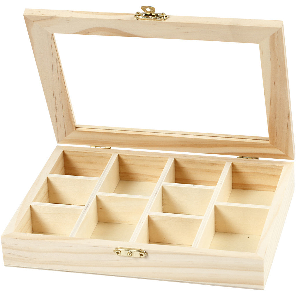 Creativ Company Fotobox – Holz – Natur – mit Glasdeckel, 10 Fächer – 155 × 35 × 205 mm