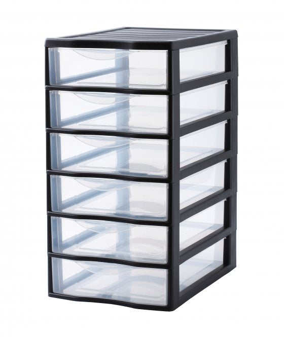 Rotho Schubladenelement – 6 Schubladen, Schwarz/Transparent, Polypropylen (PP), B 260 × H 500 × T 360 mm