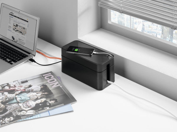 Durable Kabelbox – 246 × 128 mm, Kunststoff, Graphit, rutschfeste Gummifüsse, für 3fach-Steckdosenleiste