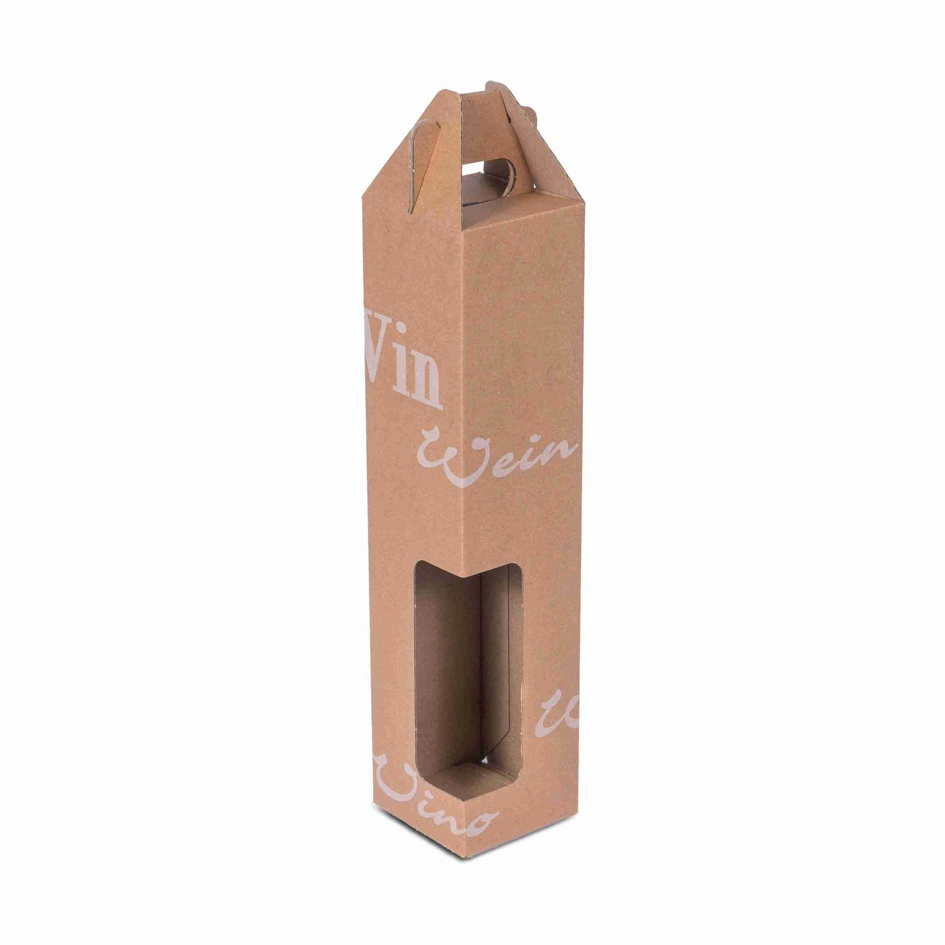 Model Präsentkarton Scripto – braun, Naturkarton – Innenmass 82 × 362 × 82 mm – Sichtfenster – für 1 Flasche – 1 Stk., ab 50 Stk.