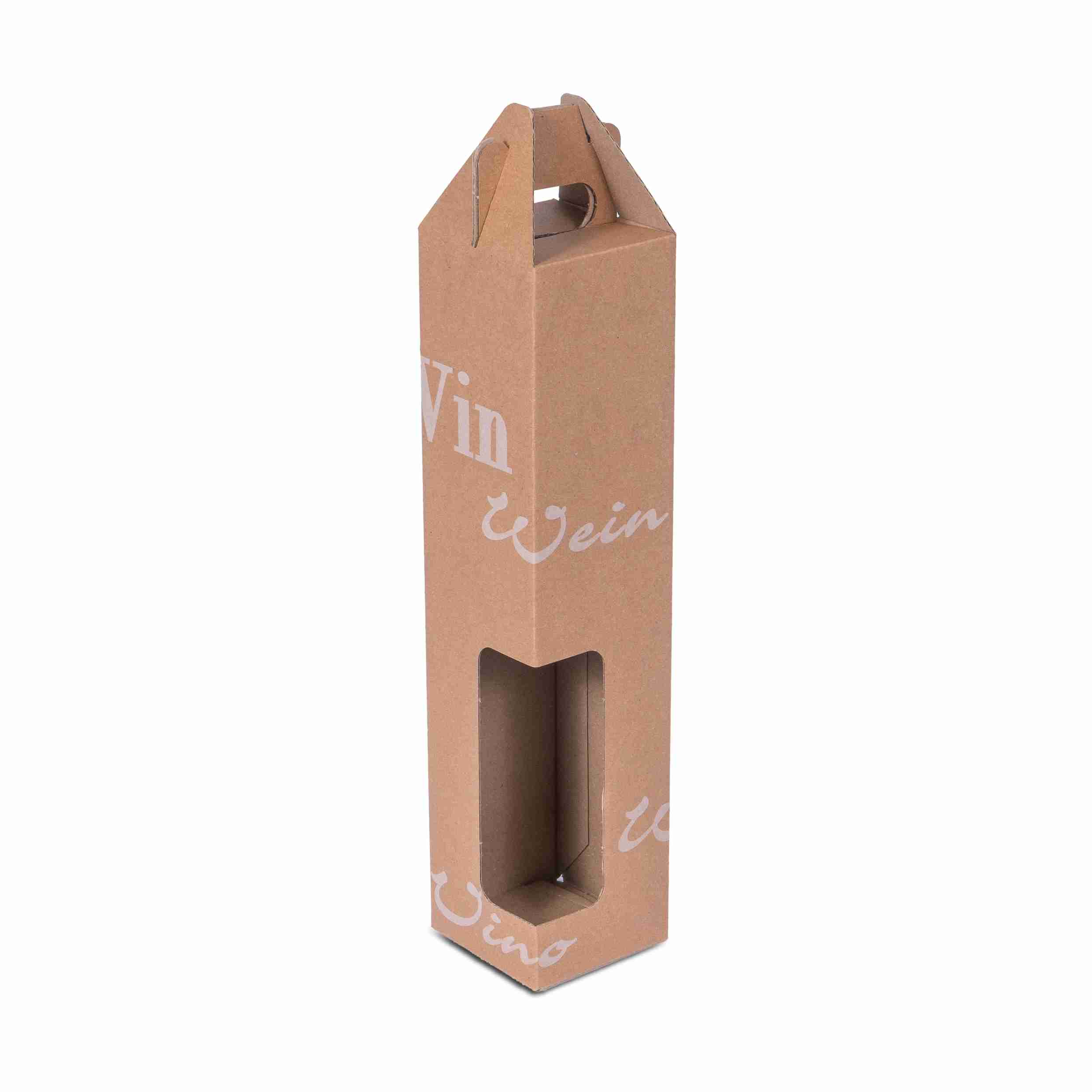 Model Präsentkarton Scripto – braun, Naturkarton – Innenmass 82 × 362 × 82 mm – Sichtfenster – für 1 Flasche – 1 Stk., ab 50 Stk.