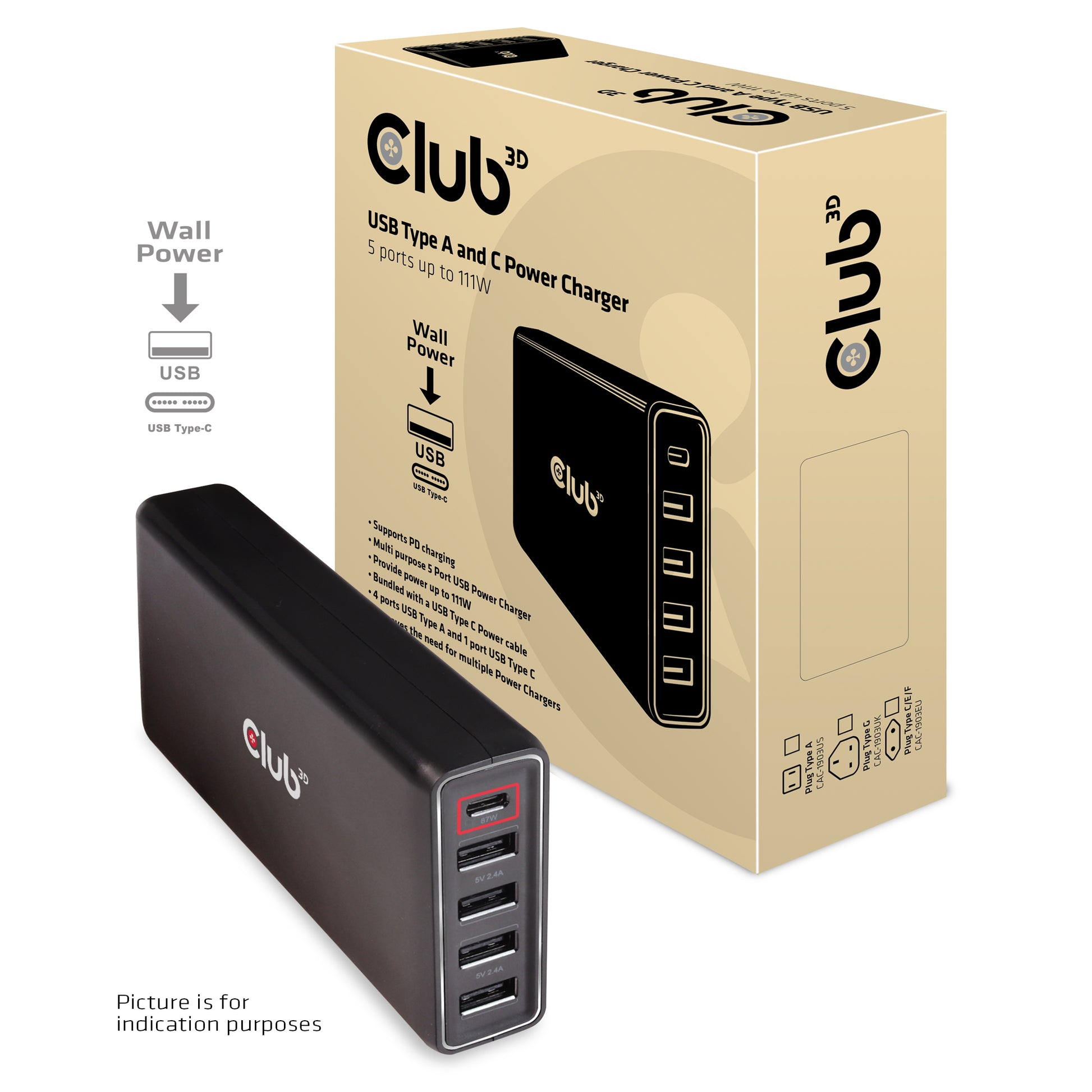 CLUB3D Club 3D Ladestation – 111 W, 4× USB-A + 1× USB-C, PD
