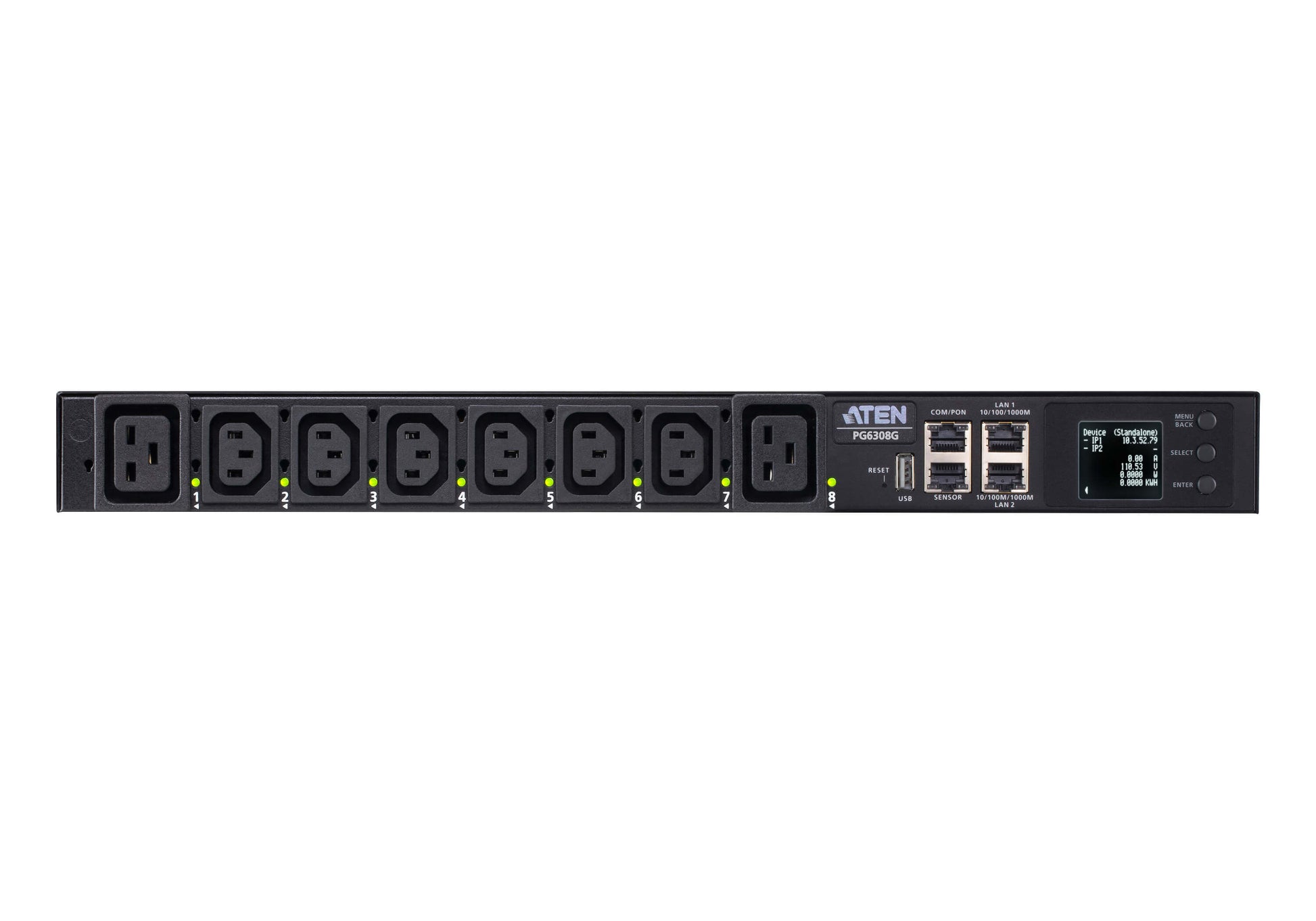 ATEN PG6308G – Intelligente PDU – 19" Rack, 1U, 8×AC (6×C13, 2×C19), LCD, 2×RJ45, Schwarz